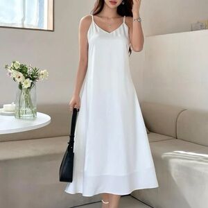 Solid Flared Fully Lined Cami Midi A-line White Dress